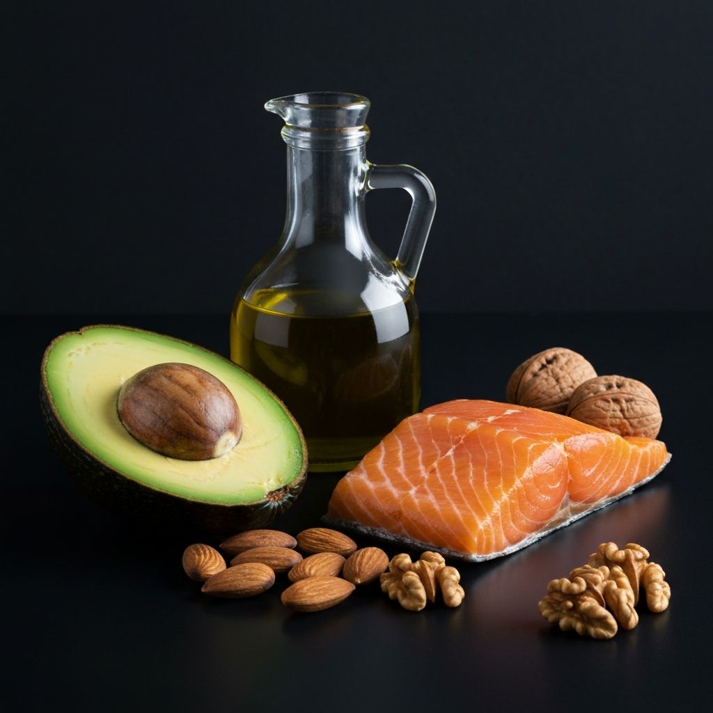 Healthy fat sources including avocado, olive oil, almonds, and salmon displayed beautifully